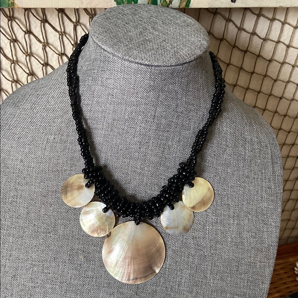 Vintage 2 Strand Artisan Mother of Pearl Cabochons & Glass Beads Necklace